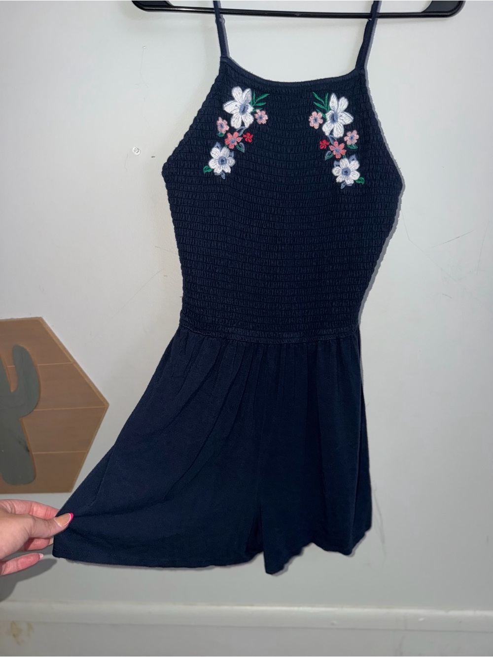 Hollister women’s Navy Embroidered Floral Romper